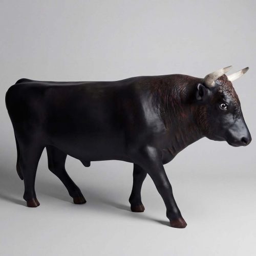 fiberglass figure bull in dark brown realistic style with white-tipped horns for advertising or mall decor