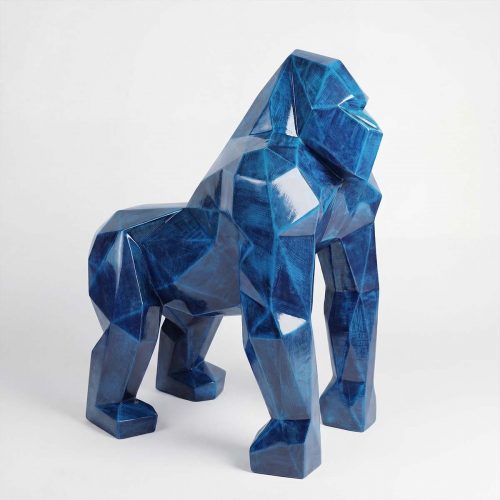 figure gorilla sculpture in faceted geometric form blue fiberglass glossy finish for decor or advertising