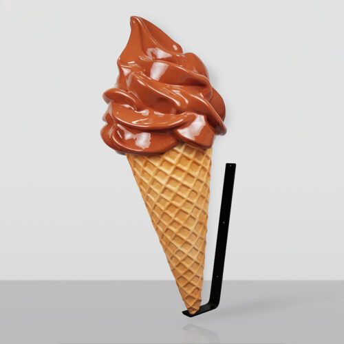 Large decorative sign shaped like a chocolate soft-serve ice cream cone with a waffle cone, mounted on a black metal bracket against a plain light background.