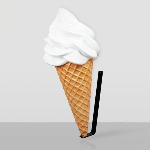 Large white soft serve ice cream cone mounted on a black metal wall bracket against a plain light gray background.