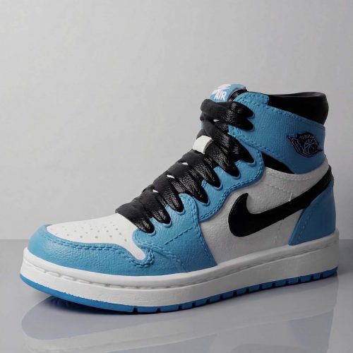 figure sneaker sculpture in blue white and black fiberglass, realistic Air Jordan style design for store display or mall advertising