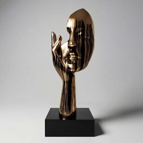 sculpture face figure in glossy bronze-look fiberglass with dripping striped pattern, modern decorative piece for interiors or displays