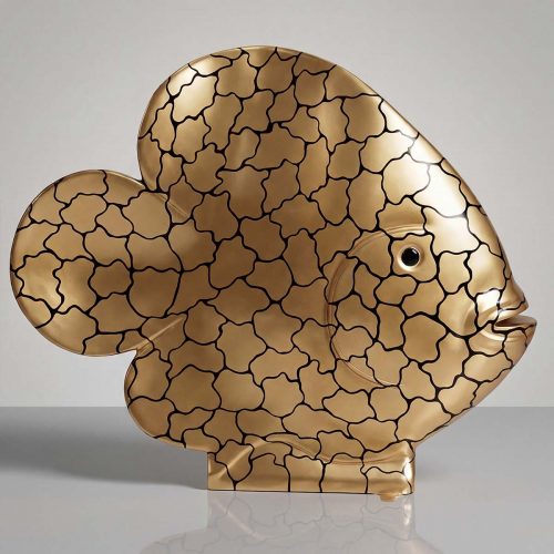 figure fish sculpture in gold laminate with black crackle pattern, stylized decorative piece for advertising or interior decor