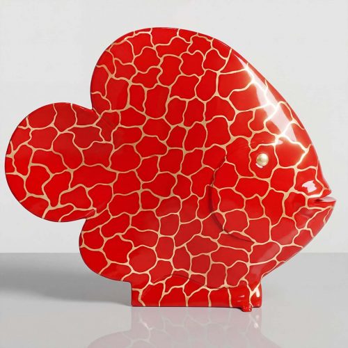 figure fish sculpture in glossy red fiberglass with gold crackle pattern, modern decorative piece for malls or interiors