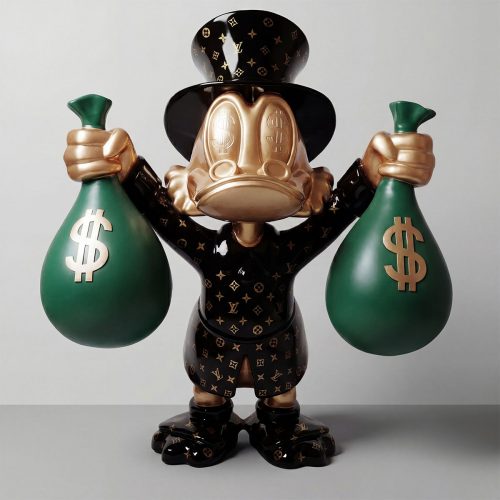 sculpture duck figure in glossy black and gold monogram print holding two green money-bag props, fiberglass decorative display