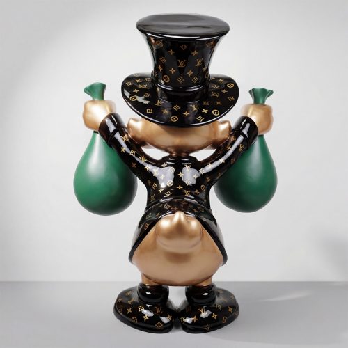 sculpture duck figure in glossy black Louis Vuitton monogram laminate with gold accents holding green sacks, decorative display