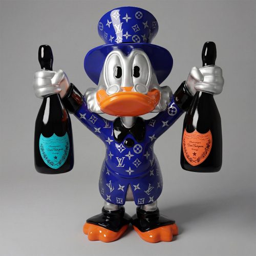 sculpture Donald Duck figure in blue LV-patterned fiberglass holding two champagne bottles, glossy pop-art decorative advertising piece