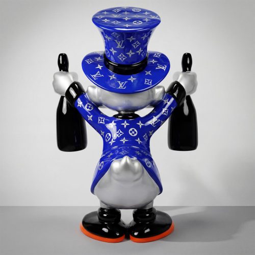 sculpture figure duck in blue Louis Vuitton pattern, glossy fiberglass, top hat and bottles, playful luxury decor for retail or events