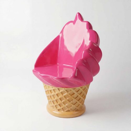 figure ice cream cone sculpture in glossy pink laminate swirled top with waffle-cone base for advertising or mall decor