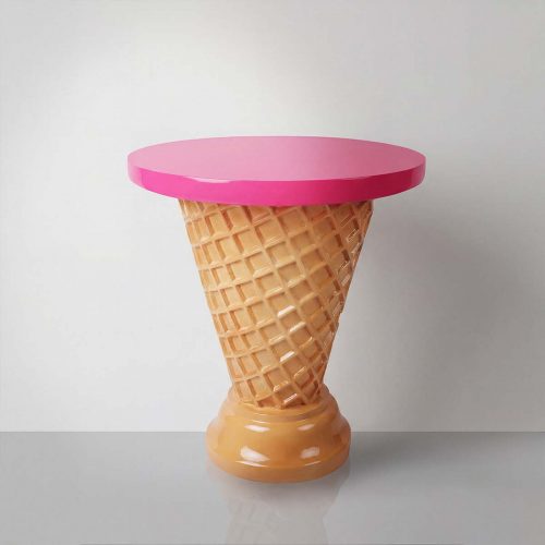 figure ice cream cone table in fiberglass with waffle-texture base and glossy pink round top, playful mall or event decor