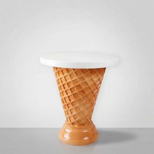 figure ice cream cone sculpture in glossy tan fiberglass with white round tabletop, whimsical advertising or mall decoration