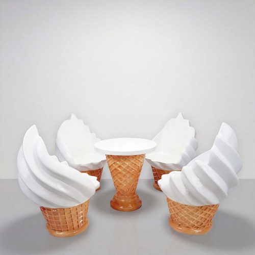 figure ice cream cone seating set in fiberglass with white swirl seats and waffle-cone bases for advertising or mall decor