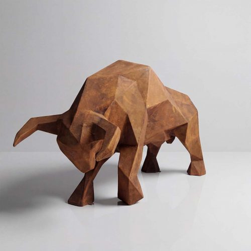 figure bull sculpture in faceted geometric style, rust-brown fiberglass/laminate finish for decor or advertising