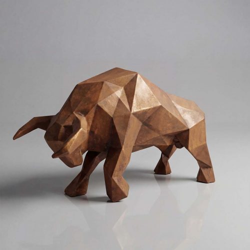 sculpture bull figure in faceted geometric style, bronze-toned fiberglass for decor or mall advertising