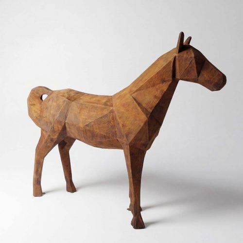 figure horse sculpture in brown geometric style fiberglass or laminate for interior decor or mall display