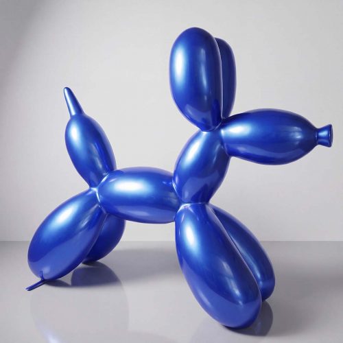 sculpture balloon dog figure in glossy metallic blue fiberglass, playful modern art for mall displays or event decor