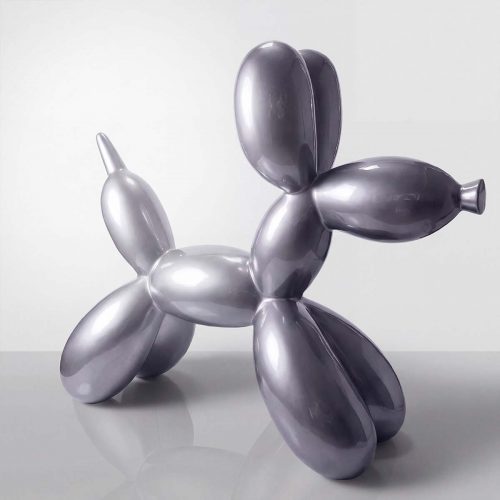 figure balloon dog sculpture in glossy silver fiberglass, modern playful style for advertising or interior decoration