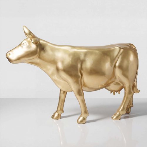 figure cow sculpture in glossy gold laminate, realistic style decorative piece for advertising, mall or event display