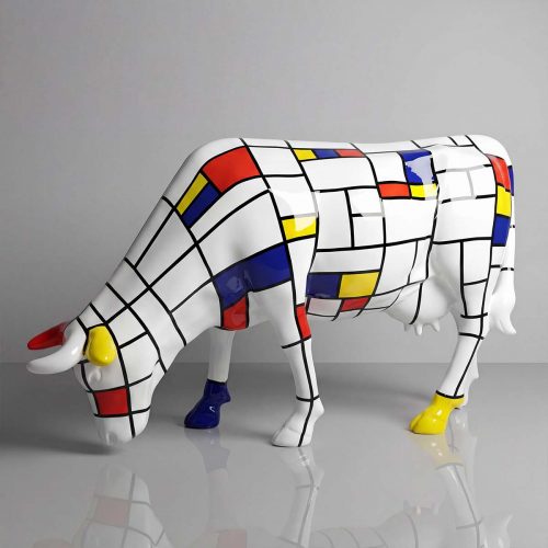 sculpture cow in fiberglass with Mondrian-style grid of black lines and red, blue, yellow blocks for advertising or decor