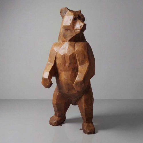 figure bear sculpture in brown geometric style, fiberglass or laminate finish for decor or mall display