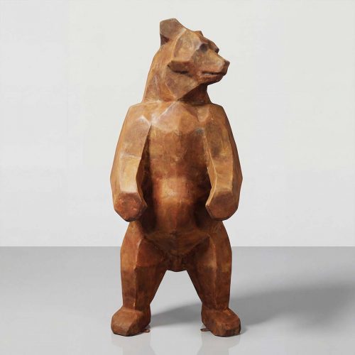 figure bear sculpture in brown laminate with geometric faceted style, standing pose for advertising or mall decor