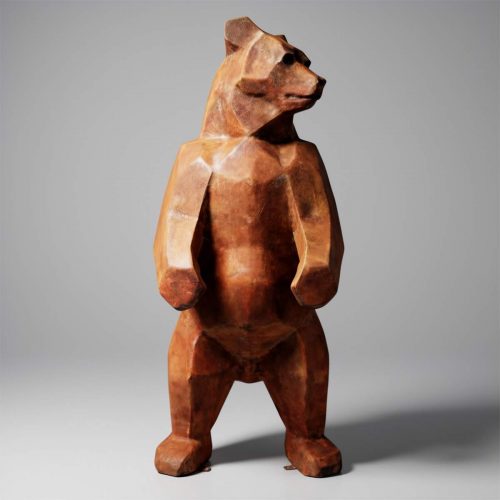 figure bear sculpture in brown geometric style, fiberglass or laminate finish for decor or mall display