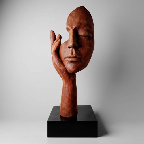 Large Mask with Hand on a Base – Rust Effect