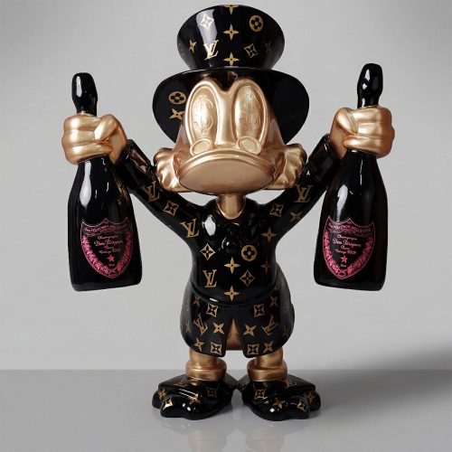 sculpture duck figure in black and gold fiberglass with luxury monogram pattern, stylized pop-art holding two champagne bottles, decorative use