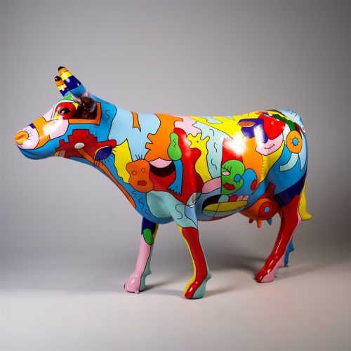 Large Figurine - Hand-Painted Cow with Picasso-Inspired Design