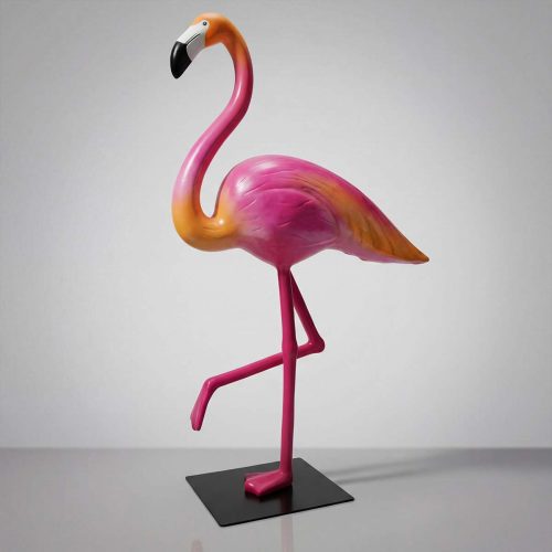 figure flamingo fiberglass sculpture in pink and orange gradient, stylized decorative piece for malls or events