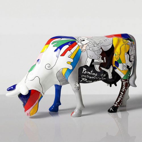 sculpture cow figure in fiberglass with colorful abstract Picasso-style graphics, glossy finish for advertising or mall decor