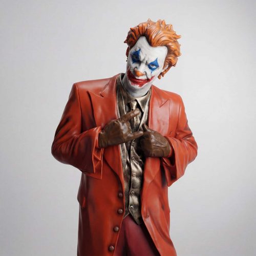 figure clown sculpture in fiberglass with red suit, white face paint and blue eye accents, artistic advertising or decor