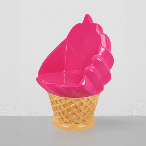 White ceramic chair shaped like a swirl of soft-serve ice cream atop a waffle cone base
