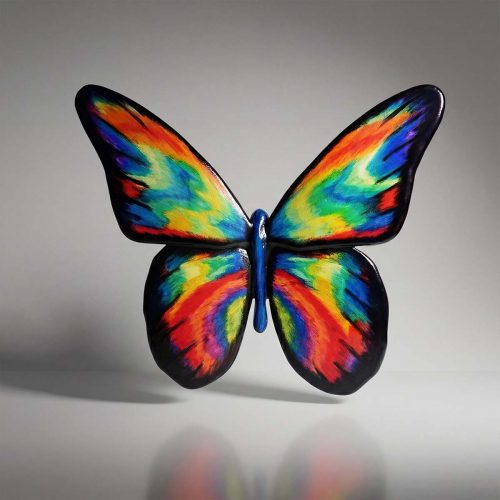 figure butterfly sculpture in glossy fiberglass with vibrant rainbow brushstroke wings for decoration or mall advertising