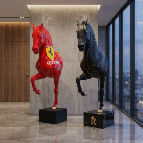 Life-size bust of a red Ferrari horse on a pedestal