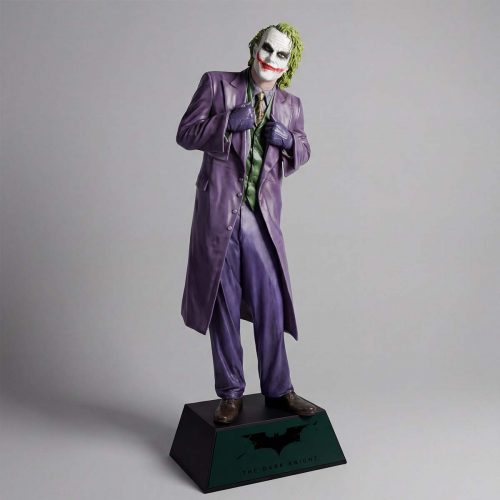 figure Joker in purple coat fiberglass sculpture, realistic style with green hair and red smile for advertising or display