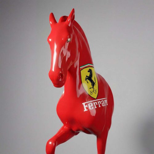 figure horse sculpture fiberglass glossy red with Ferrari shield logo, modern advertising or mall display