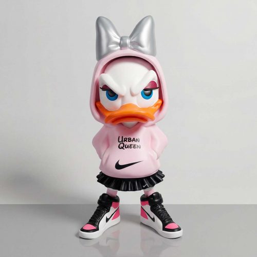 figure duck sculpture in pink hoodie and silver bow fiberglass urban queen streetwear decor