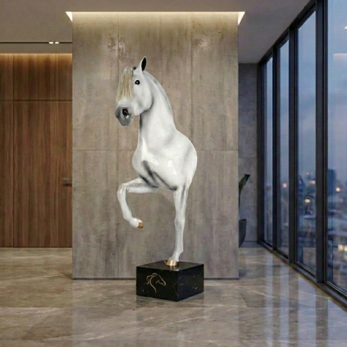 Life-Size Bust of a White Horse on a Pedestal
