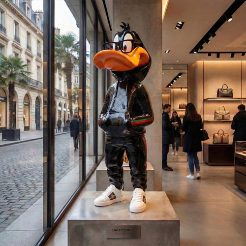figure Daffy Duck sculpture in glossy black fiberglass with orange beak, streetwear style hoodie and sneakers for advertising interior decor