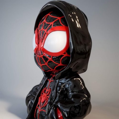 figure Spider-Man-like kid wearing black glossy fiberglass hoodie and red webbed mask, stylized decorative sculpture for display