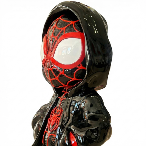 figure Spider-Man mask sculpture in glossy black and red fiberglass with hood, stylized decorative display for stores or events