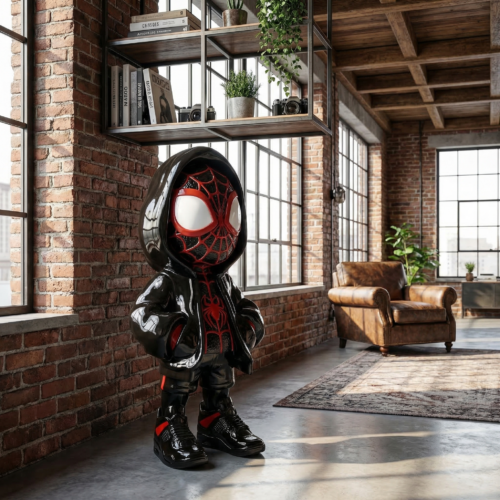 figure Spider-Man-like kid wearing black glossy fiberglass hoodie and red webbed mask, stylized decorative sculpture for display