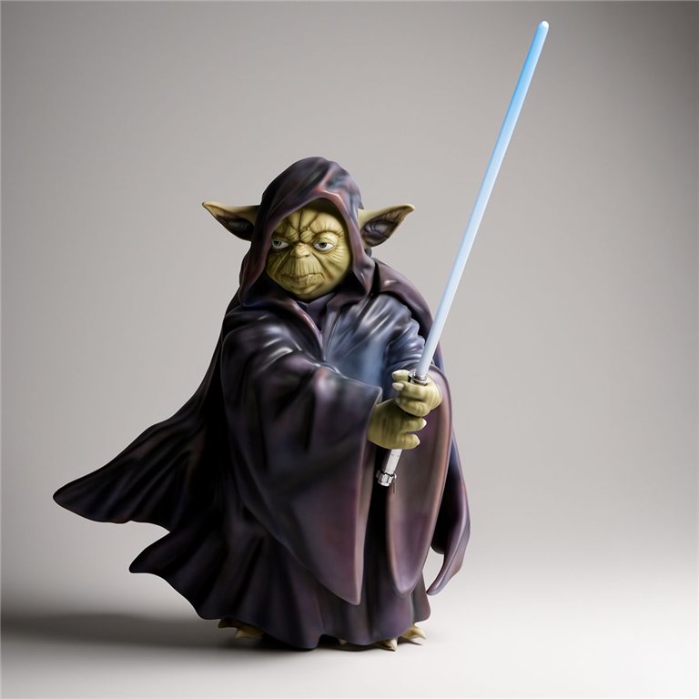 sculpture Yoda figure in fiberglass with green skin and dark hooded robe holding blue lightsaber, decorative or advertising use