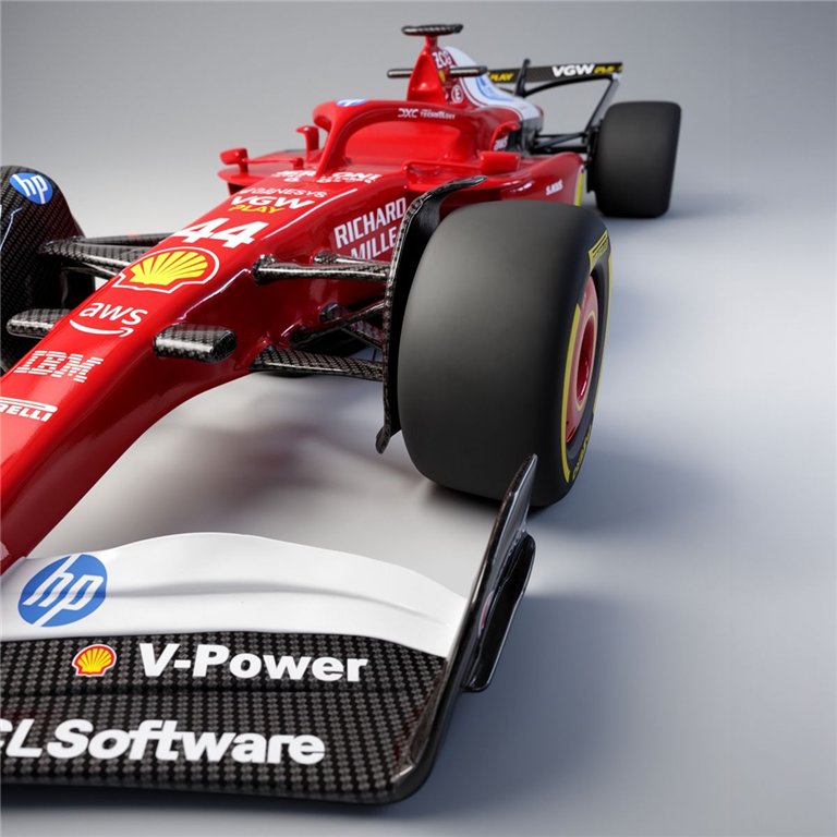 fiberglass figure of a red Formula 1 car mounted vertically on concrete wall, glossy racing-style decor for garage or showroom