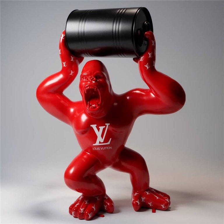 Large gorilla figure with barrel with LV logo