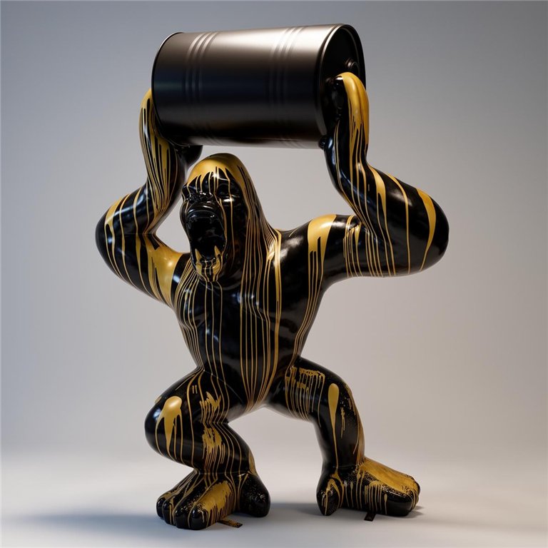 Large gorilla figure with golden trash barrel