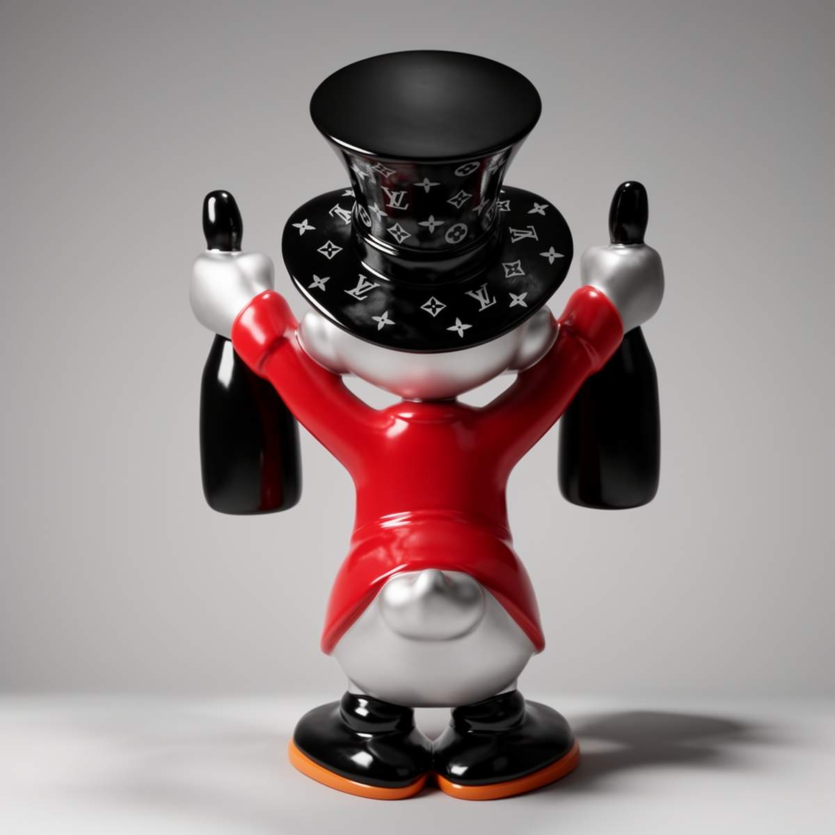 figura kaczka w cylindrze rzeźba laminat realistyczna czarno-czerwona, dekoracja reklamowa/event