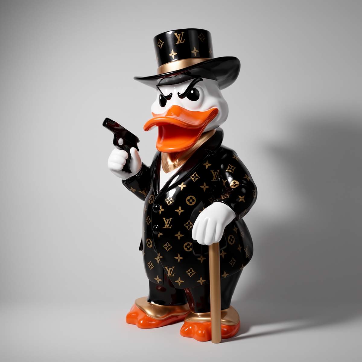 figura kaczka w kapeluszu rzeźba z laminatu w stylu luksusowym czarna z złotym monogramem, dekoracja reklamowa