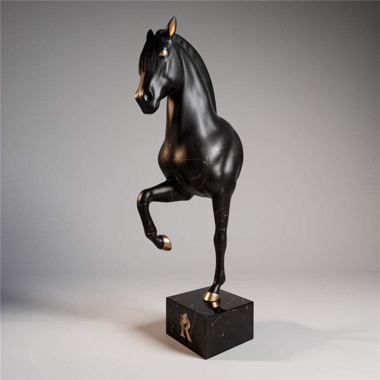 Life-size bust of a black horse on a pedestal